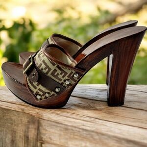 Vintage FF Zucca Monogram Fendi Brown & Tan Mules/Clogs With Embellishments